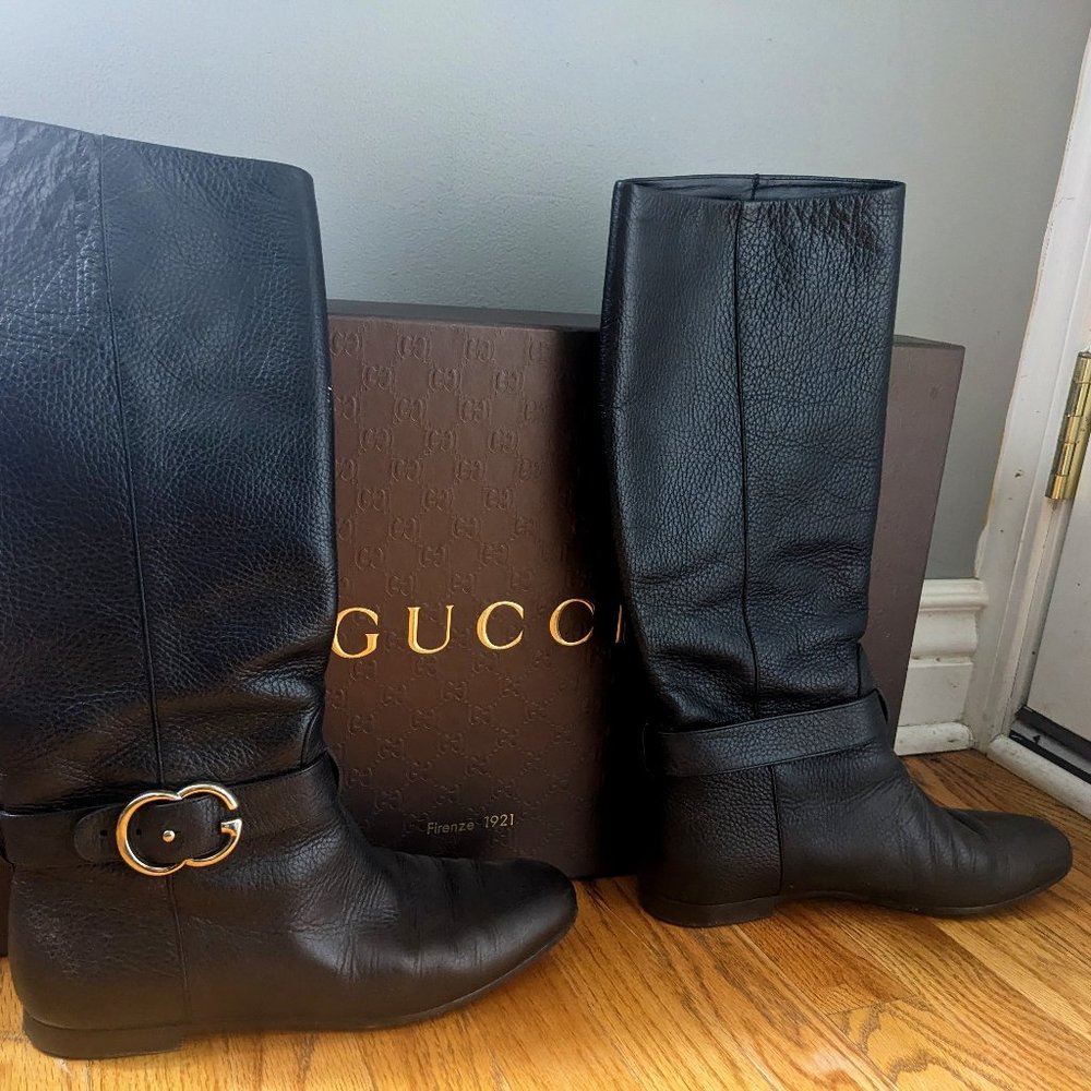 Gucci Black Leather Sachalin Interlocking Double G Riding Knee High Flat Boots